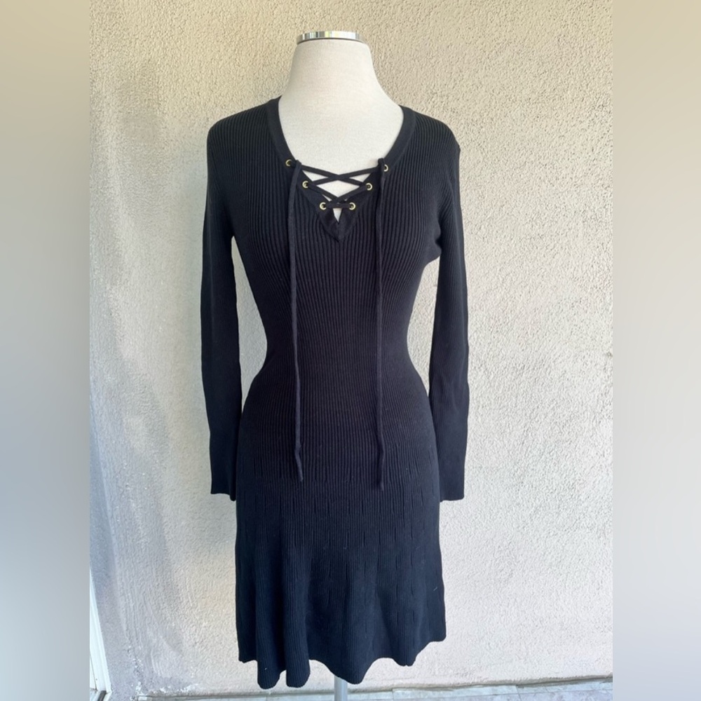 Elegant Black Lace-Up Dress with Front- Cord Detail